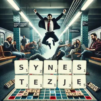 Kreatywna ilustracja do gry w Scrabble ze słowem SYNESTEZJĘ ułożonym z płytek na planszy.