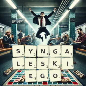 Kreatywna ilustracja do gry w Scrabble ze słowem SYNGALESKIEGO ułożonym z płytek na planszy.
