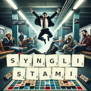 Kreatywna ilustracja do gry w Scrabble ze słowem SYNGLISTAMI ułożonym z płytek na planszy.
