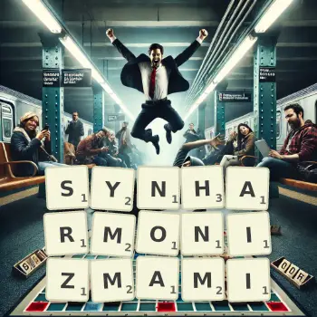 Kreatywna ilustracja do gry w Scrabble ze słowem SYNHARMONIZMAMI ułożonym z płytek na planszy.