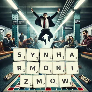 Kreatywna ilustracja do gry w Scrabble ze słowem SYNHARMONIZMÓW ułożonym z płytek na planszy.