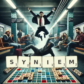 Kreatywna ilustracja do gry w Scrabble ze słowem SYNIEM ułożonym z płytek na planszy.