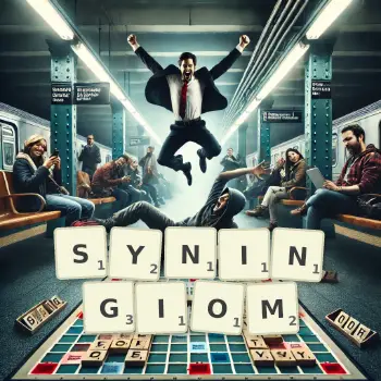 Kreatywna ilustracja do gry w Scrabble ze słowem SYNINGIOM ułożonym z płytek na planszy.