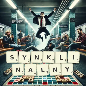 Kreatywna ilustracja do gry w Scrabble ze słowem SYNKLINALNY ułożonym z płytek na planszy.