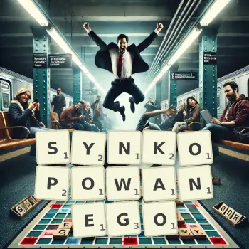 Kreatywna ilustracja do gry w Scrabble ze słowem SYNKOPOWANEGO ułożonym z płytek na planszy.