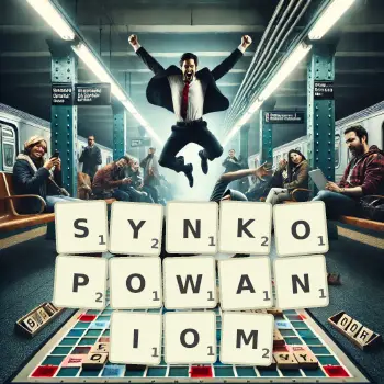 Kreatywna ilustracja do gry w Scrabble ze słowem SYNKOPOWANIOM ułożonym z płytek na planszy.