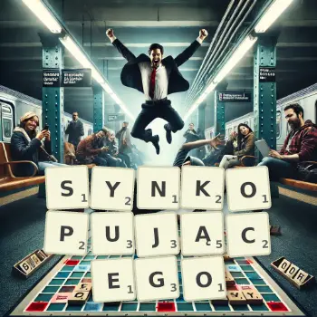 Kreatywna ilustracja do gry w Scrabble ze słowem SYNKOPUJĄCEGO ułożonym z płytek na planszy.