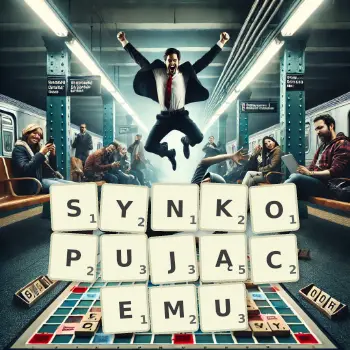 Kreatywna ilustracja do gry w Scrabble ze słowem SYNKOPUJĄCEMU ułożonym z płytek na planszy.