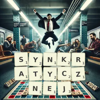 Kreatywna ilustracja do gry w Scrabble ze słowem SYNKRATYCZNEJ ułożonym z płytek na planszy.