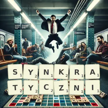 Kreatywna ilustracja do gry w Scrabble ze słowem SYNKRATYCZNI ułożonym z płytek na planszy.