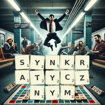 Kreatywna ilustracja do gry w Scrabble ze słowem SYNKRATYCZNYM ułożonym z płytek na planszy.