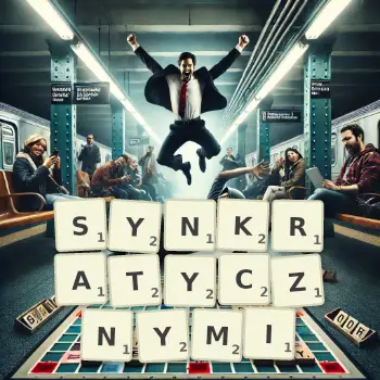 Kreatywna ilustracja do gry w Scrabble ze słowem SYNKRATYCZNYMI ułożonym z płytek na planszy.