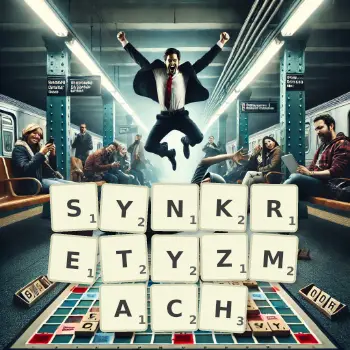 Kreatywna ilustracja do gry w Scrabble ze słowem SYNKRETYZMACH ułożonym z płytek na planszy.