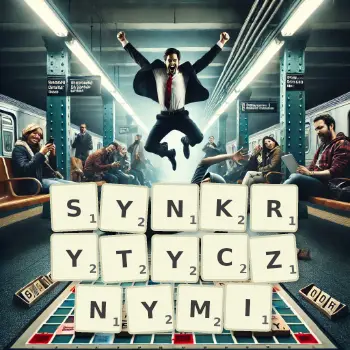 Kreatywna ilustracja do gry w Scrabble ze słowem SYNKRYTYCZNYMI ułożonym z płytek na planszy.