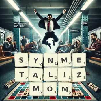 Kreatywna ilustracja do gry w Scrabble ze słowem SYNMETALIZMOM ułożonym z płytek na planszy.