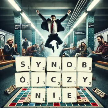 Kreatywna ilustracja do gry w Scrabble ze słowem SYNOBÓJCZYNIE ułożonym z płytek na planszy.