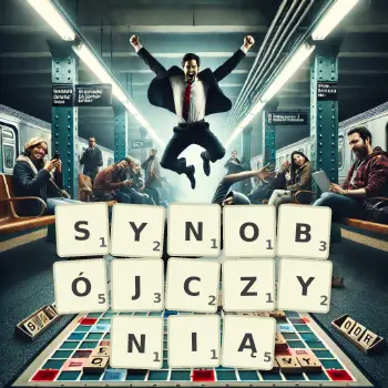 Kreatywna ilustracja do gry w Scrabble ze słowem SYNOBÓJCZYNIĄ ułożonym z płytek na planszy.