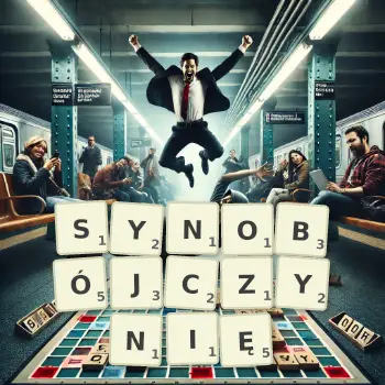 Kreatywna ilustracja do gry w Scrabble ze słowem SYNOBÓJCZYNIĘ ułożonym z płytek na planszy.