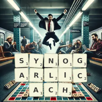 Kreatywna ilustracja do gry w Scrabble ze słowem SYNOGARLICACH ułożonym z płytek na planszy.