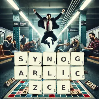 Kreatywna ilustracja do gry w Scrabble ze słowem SYNOGARLICZCE ułożonym z płytek na planszy.