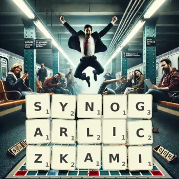 Kreatywna ilustracja do gry w Scrabble ze słowem SYNOGARLICZKAMI ułożonym z płytek na planszy.