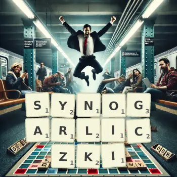 Kreatywna ilustracja do gry w Scrabble ze słowem SYNOGARLICZKI ułożonym z płytek na planszy.