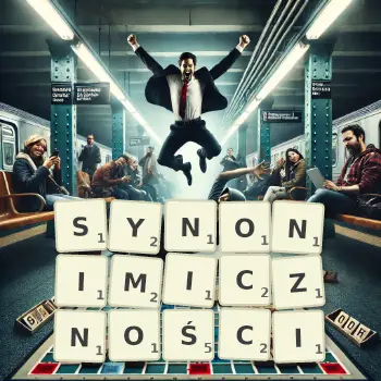 Kreatywna ilustracja do gry w Scrabble ze słowem SYNONIMICZNOŚCI ułożonym z płytek na planszy.