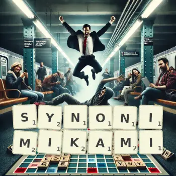 Kreatywna ilustracja do gry w Scrabble ze słowem SYNONIMIKAMI ułożonym z płytek na planszy.
