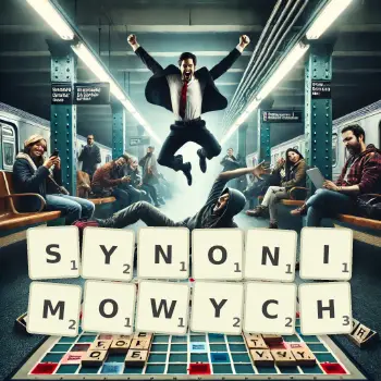 Kreatywna ilustracja do gry w Scrabble ze słowem SYNONIMOWYCH ułożonym z płytek na planszy.