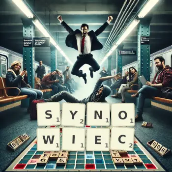 Kreatywna ilustracja do gry w Scrabble ze słowem SYNOWIEC ułożonym z płytek na planszy.