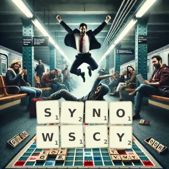 Kreatywna ilustracja do gry w Scrabble ze słowem SYNOWSCY ułożonym z płytek na planszy.