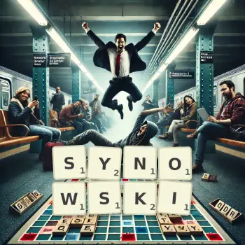 Kreatywna ilustracja do gry w Scrabble ze słowem SYNOWSKI ułożonym z płytek na planszy.