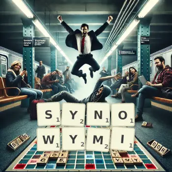 Kreatywna ilustracja do gry w Scrabble ze słowem SYNOWYMI ułożonym z płytek na planszy.