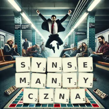 Kreatywna ilustracja do gry w Scrabble ze słowem SYNSEMANTYCZNA ułożonym z płytek na planszy.
