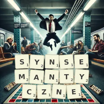 Kreatywna ilustracja do gry w Scrabble ze słowem SYNSEMANTYCZNE ułożonym z płytek na planszy.