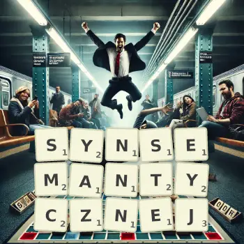 Kreatywna ilustracja do gry w Scrabble ze słowem SYNSEMANTYCZNEJ ułożonym z płytek na planszy.