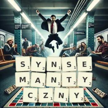 Kreatywna ilustracja do gry w Scrabble ze słowem SYNSEMANTYCZNY ułożonym z płytek na planszy.