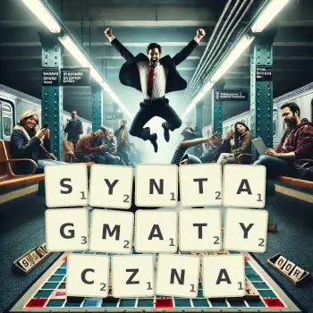 Kreatywna ilustracja do gry w Scrabble ze słowem SYNTAGMATYCZNA ułożonym z płytek na planszy.
