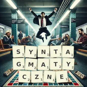 Kreatywna ilustracja do gry w Scrabble ze słowem SYNTAGMATYCZNE ułożonym z płytek na planszy.
