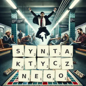 Kreatywna ilustracja do gry w Scrabble ze słowem SYNTAKTYCZNEGO ułożonym z płytek na planszy.