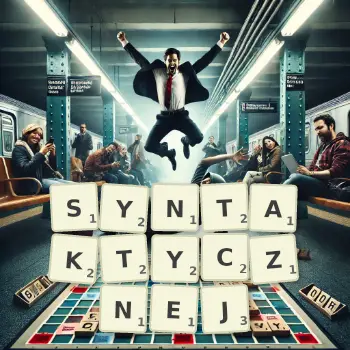 Kreatywna ilustracja do gry w Scrabble ze słowem SYNTAKTYCZNEJ ułożonym z płytek na planszy.