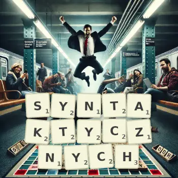 Kreatywna ilustracja do gry w Scrabble ze słowem SYNTAKTYCZNYCH ułożonym z płytek na planszy.