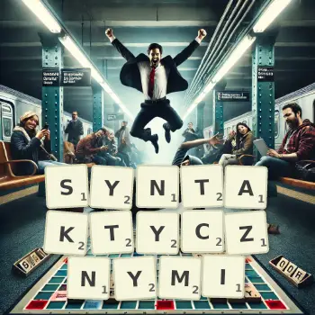 Kreatywna ilustracja do gry w Scrabble ze słowem SYNTAKTYCZNYMI ułożonym z płytek na planszy.