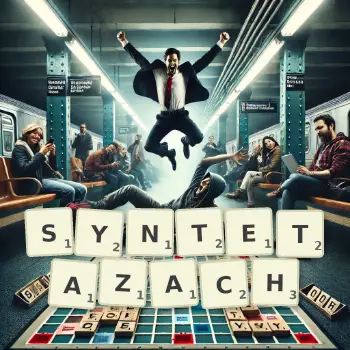 Kreatywna ilustracja do gry w Scrabble ze słowem SYNTETAZACH ułożonym z płytek na planszy.
