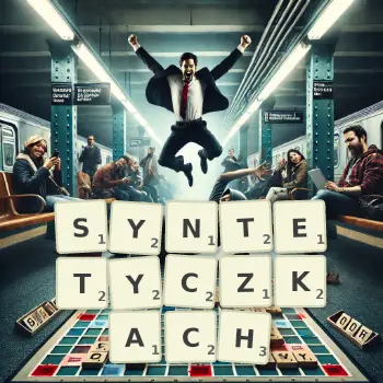 Kreatywna ilustracja do gry w Scrabble ze słowem SYNTETYCZKACH ułożonym z płytek na planszy.