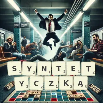 Kreatywna ilustracja do gry w Scrabble ze słowem SYNTETYCZKĄ ułożonym z płytek na planszy.