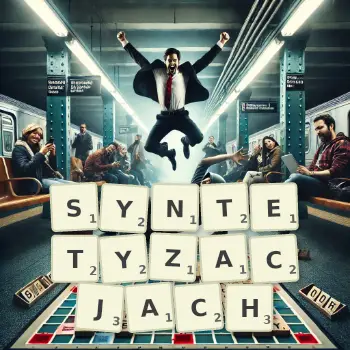 Kreatywna ilustracja do gry w Scrabble ze słowem SYNTETYZACJACH ułożonym z płytek na planszy.