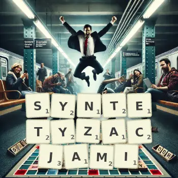 Kreatywna ilustracja do gry w Scrabble ze słowem SYNTETYZACJAMI ułożonym z płytek na planszy.