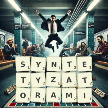 Kreatywna ilustracja do gry w Scrabble ze słowem SYNTETYZATORAMI ułożonym z płytek na planszy.