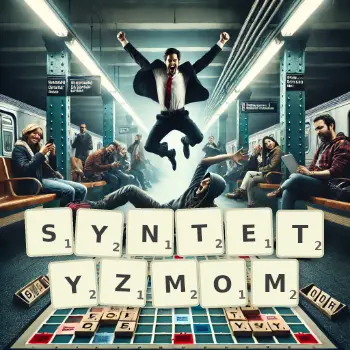 Kreatywna ilustracja do gry w Scrabble ze słowem SYNTETYZMOM ułożonym z płytek na planszy.